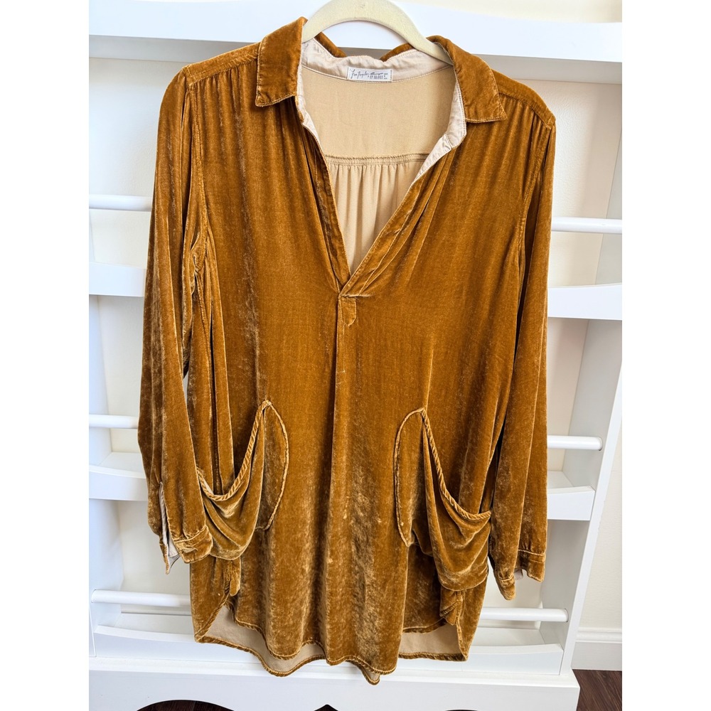 Free People x CP Shades Velvet Tunic Top Gold Silk Blend XS Oversized Pockets